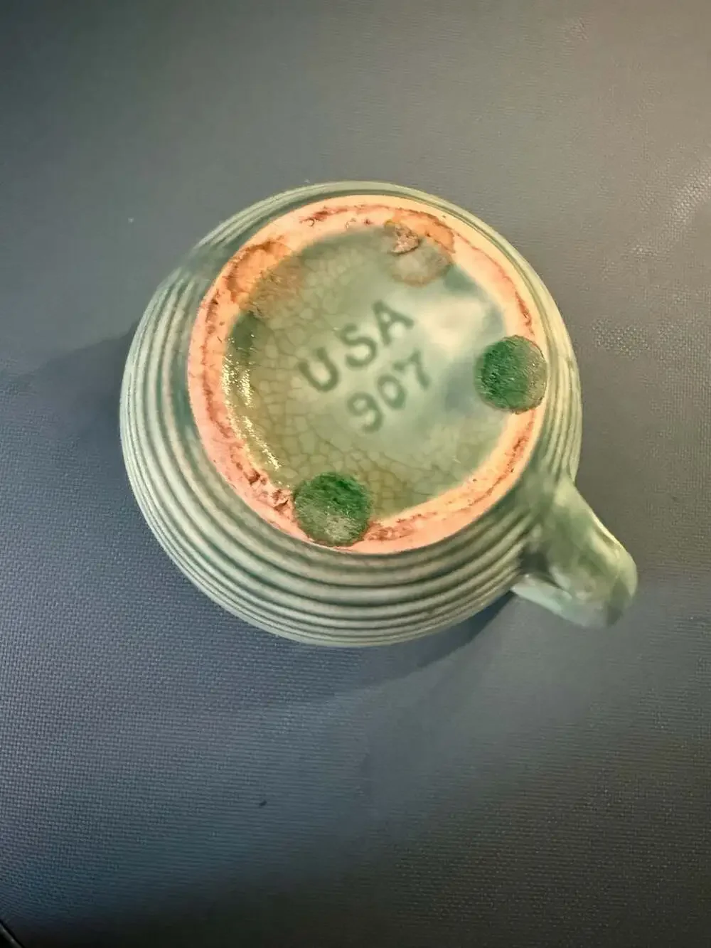 Vintage USA Pottery 907 Ribbed Ringware Creamer Pitcher Jade Green - AS IS